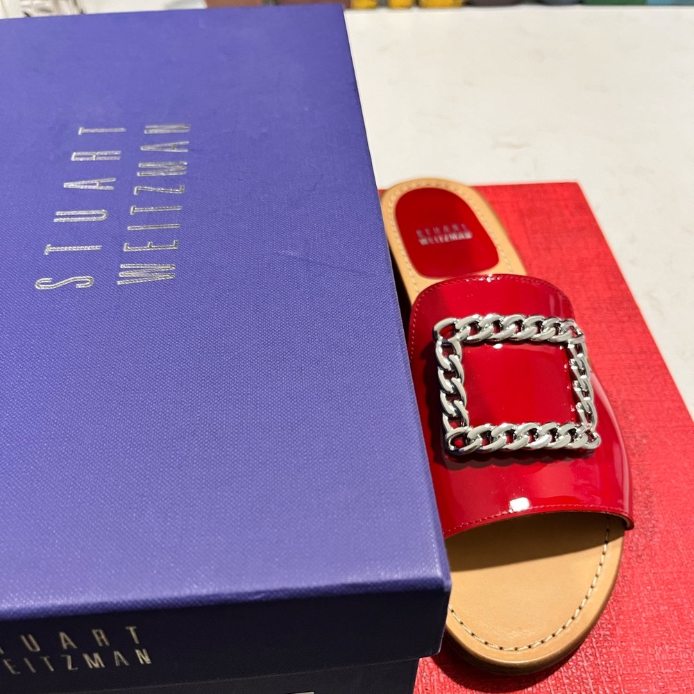 STUART WEITZMAN NIB AUTHENTIC LUXURY RED PATENT LEATHER & SILVER FLATS - Picture 8 of 17